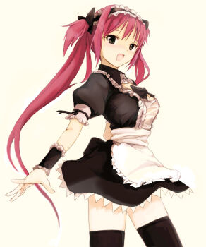 Rule 34 | airi (queen's blade), breasts, highres, long hair, maid, maid headdress, open mouth, queen's blade, red hair, ribbon, shirokuro moyou, thighhighs, twintails