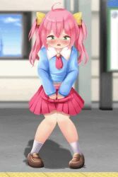 1girl ahoge animated blue_shirt blush bow brown_shoes closed_eyes cloud green_eyes hair_bow have_to_pee knees_together_feet_apart live2d loli long_hair long_sleeves looking_at_viewer looking_down necktie open_mouth original oshikko_(karakuri_neko_(tkfm)) pink_hair red_necktie red_skirt renati_(renatium) school_uniform shirt shoes skirt sky socks standing train_station twintails video white_socks window yellow_bow