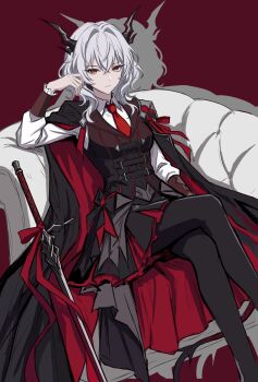 1girl absurdres arknights bai_si_kuo_luo black_cape black_pantyhose black_skirt black_vest breasts brown_eyes cape chinese_commentary collared_shirt commentary_request couch crossed_legs dragon_girl dragon_horns drop_shadow expressionless feet_out_of_frame grey_hair hair_between_eyes hair_intakes highres horns long_hair long_sleeves looking_at_viewer medium_breasts miniskirt necktie official_alternate_costume on_couch pantyhose pleated_skirt red_background red_necktie shirt sitting skirt solo sword talulah_(arknights) talulah_(chapter_17)_(arknights) two-sided_cape two-sided_fabric vest weapon white_shirt