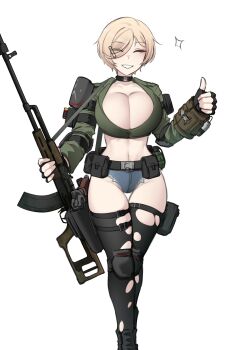 Rule 34 | 1girl, absurdres, belt, black belt, black collar, black gloves, blue shorts, bow, breasts, brown shirt, cleavage, closed eyes, collar, cropped shirt, denim, denim shorts, fallout, fallout 4, fingerless gloves, gloves, gun, gun sling, hair bow, hair ornament, hairclip, handgun, high-waist shorts, highres, holding, holding gun, holding weapon, holster, k0ng, long sleeves, merc-san (k0ng), navel, original, parted lips, pip boy, rifle, shirt, short hair, shorts, simple background, smile, sniper rifle, solo, star (symbol), thigh holster, thumbs up, variant set, weapon, white background