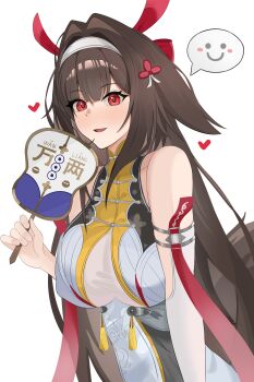 Rule 34 | 1girl, absurdres, alternate breast size (larger), armlet, bare shoulders, blush, breasts, brown hair, brown tail, china dress, chinese clothes, clover, clover hair ornament, collarbone, commentary request, dress, droopy ears, fang, hair ornament, hairband, hand fan, heart, highres, holding, holding fan, jewelry, large breasts, long hair, open mouth, ouichi, red eyes, see-through clothes, silver armlet, simple background, sleeveless, sleeveless dress, solo, spoken expression, tail, tuanshan, upper body, very long hair, white background, white dress, white hairband, ye shunguang, zenless zone zero