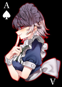 1girl ace_(playing_card) ace_of_spades arm_under_breasts black_background blue_dress blush braid breasts card closed_mouth commentary_request cropped_torso dress finger_to_mouth from_side green_ribbon grey_hair hair_between_eyes hand_up highres index_finger_raised izayoi_sakuya looking_at_viewer maid medium_breasts neck_ribbon playing_card puffy_short_sleeves puffy_sleeves red_eyes ribbon shigure._(tennensui) short_hair short_sleeves simple_background sleeve_cuffs smile socks spade_(shape) touhou upper_body white_wrist_cuffs wrist_cuffs