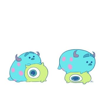 Rule 34 | 2boys, blue eyes, chibi, commentary request, green eyes, horns, lowres, male focus, mike wazowski, monster, monsters inc., multiple boys, no humans, one-eyed, randall boggs, simple background, smile, white background, yokotn