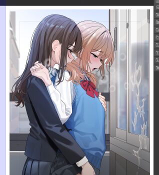 2boys art_program_in_frame black_hair black_jacket blue_bow blue_bowtie blue_sweater_vest blush bow bowtie brown_hair cabinet clothes_lift collared_shirt crossdressing crossdressing_(mtf) cum cum_on_window grabbing_from_behind hand_on_another&#039;s_chest highres implied_handjob jacket josou_seme lifting_another&#039;s_clothes long_hair loose_bowtie low_twintails medium_hair multiple_boys multiple_traps original paid_reward_available pleated_skirt profile red_bow red_bowtie school_uniform shirt skirt skirt_lift sweater_vest tongue trap turisasu twintails upper_body white_shirt window yaoi