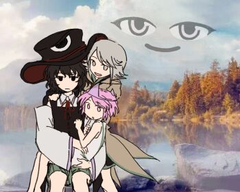 3others :o androgynous autumn bare_legs bare_shoulders barefoot black_coat black_eyes black_hair black_hat black_kimono black_shorts blue_sky brown_coat child cloud coat collared_coat collared_shirt day detached_sleeves dress enraku_tsubakura eye_of_senri flat_color green_hakama grey_eyes grey_hair hakama hakama_short_skirt hakama_skirt hand_on_another&#039;s_shoulder happy hat highres hirunto houlen_yabusame japanese_clothes jinbei_(clothes) kimono lake lapels layered_sleeves len&#039;en long_sleeves meme meme_request messy_hair multiple_others neck_ribbon notched_lapels on_rock open_mouth other_focus outdoors photo_background pink_eyes pink_hair puffy_short_sleeves puffy_sleeves red_hat red_ribbon ribbon shion_(len&#039;en) shirt short_dress short_hair short_kimono short_over_long_sleeves short_sleeves shorts sidelocks sitting sitting_on_lap sitting_on_person skirt sky sleeveless sleeveless_coat sleeveless_dress sleeveless_shirt smile standing surprised swept_bangs top_hat tree two-sided_fabric two-sided_headwear white_dress white_shirt white_sleeves wide_sleeves