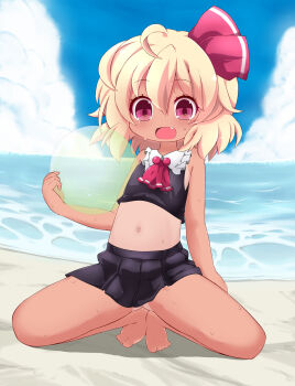 1girl ball bare_shoulders barefoot beach beachball black_skirt blonde_hair blue_sky cloud commentary_request commission crop_top dark-skinned_female dark_skin day full_body highres holding holding_ball holding_beachball horizon kneeling large_variant_set looking_at_viewer midriff miniskirt muuba navel ocean open_mouth outdoors red_eyes rumia short_hair skeb_commission skirt sky smile solo spread_legs sweat tan tanline tiptoes touhou variant_set water