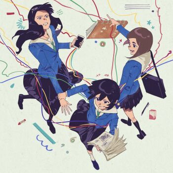 +++ 3girls :d asakusa_midori bag black_hair black_shoes black_socks blazer blue_jacket book brown_hair dynamic_pose eizouken_ni_wa_te_wo_dasu_na! eyewear_on_head from_above full_body green_necktie grin hashtag-only_commentary highres holding holding_another's_wrist holding_book holding_phone hooded_shirt jacket jiangk728 kanamori_sayaka lapels long_hair long_skirt mizusaki_tsubame multiple_girls necktie notched_lapels open_mouth phone pleated_skirt school_bag school_uniform shibahama_high_school_uniform shoes short_hair simple_background skirt smile socks white_background white_hood white_socks