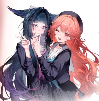 Rule 34 | 2girls, absurdres, alternate costume, arknights, black choker, black hair, black hat, black shirt, black skirt, blue eyes, blue ribbon, blunt bangs, blush, choker, collarbone, commentary, cowboy shot, eyeliner, fingernails, gradient hair, hair between eyes, hair intakes, hair wings, hand on another's face, haruka (arknights), hashtag-only commentary, hat, highres, igawa hikaru, long hair, long sleeves, looking at viewer, makeup, mio (arknights), multicolored hair, multiple girls, neck ribbon, one eye closed, open mouth, orange hair, pink hair, pink ribbon, pointy ears, red eyeliner, red eyes, ribbon, sailor collar, school uniform, shirt, skirt, sweatdrop, symbol-only commentary, v, v over mouth, wavy hair, white background, white sailor collar