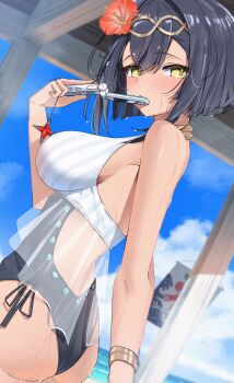 absurdres amber_(stella_sora) ass back_cutout beach_house black_hair blue_one-piece_swimsuit bob_cut bracelet breasts cellphone clothing_cutout cowboy_shot double-parted_bangs dutch_angle flip_phone frilled_one-piece_swimsuit frills from_side gold_bracelet gold_hairband hair_between_eyes hairband highres holding holding_phone jewelry kazu_(kauk3753) large_breasts one-piece_swimsuit phone short_hair stella_sora sweat swimsuit very_sweaty wet wet_hair yellow_eyes