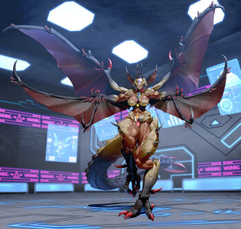 absurdres character_transformation claws dark-skinned_female dark_skin dragon_tail fake_horns final_fantasy final_fantasy_xiv full_body giant giant_monster giantess head_wings helmet highres horned_helmet horns laboratory multiple_wings muscular muscular_female original qtime_702 scales solo tail thick_thighs thighs transformation wings