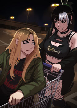 100_gecs 2girls absurdres black_eyes black_hair blonde_hair blunt_bangs breasts cleavage collar commentary crop_top dutch_angle english_commentary face_piercing fishnets highres jessie_(veyonis) lamppost large_breasts lip_piercing long_hair looking_at_another midriff mika_(veyonis) multicolored_hair multiple_girls navel night nose_piercing original outdoors parking_lot piercing shopping_cart spiked_collar spikes two-tone_hair veyonis