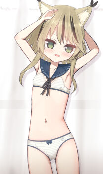 1girl anchor_print animal_ears arm_behind_head arms_up black_hair black_ribbon blue_bow blush bow bow_panties bra breasts brown_hair cat_ears cat_girl clothes_writing collarbone crotch_seam curtains detached_collar green_eyes loli looking_at_viewer multicolored_hair navel neck_ribbon open_mouth original panties print_bra print_panties ribbon sailor_collar shooko short_hair sidelocks small_breasts smile standing streaked_hair striped_bra striped_clothes striped_panties underwear white_bra white_panties window