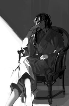 1boy barefoot black_eyes black_hair black_hanfu chair chinese_clothes commentary cursed_shackle english_commentary frown greyscale hair_between_eyes hand_on_own_face hanfu high_contrast highres indoors long_hair long_sleeves male_focus mole mole_under_eye monochrome scar scar_on_arm sitting sketch solo suto_(sakumaaritsu) tattoo tianguan_cifu yin_yu