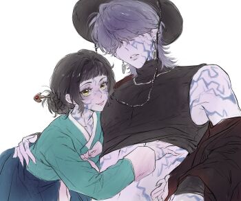 Rule 34 | 1008 redd, 1boy, 1girl, black hair, black shirt, blunt bangs, body markings, demon, earrings, fingernails, gat (hat), hair bun, hair over eyes, hanbok, hat, highres, hug, jewelry, korean clothes, kpop demon hunters, long fingernails, mystery (kpop demon hunters), shirt, sidelocks, sleeveless, smile, turtleneck, yellow eyes, zoey (kpop demon hunters)