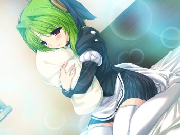 1girl bandaid bed blush choukou_(alicesoft) choukou_tenshi_escalayer dutch_angle facial_mark forehead_mark game_cg green_hair hair_intakes hug hugging_object kouenji_madoka maid non-web_source official_art onigirikun pillow pillow_hug red_eyes ribbon sitting skirt smile solo thighhighs variant_set wariza white_thighhighs zettai_ryouiki