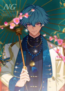 Rule 34 | 1boy, alternate costume, anchor necklace, aqua umbrella, arm behind back, black shirt, blue hair, blurry, brant (wuthering waves), chinese clothes, closed mouth, commentary, depth of field, earrings, english commentary, hair between eyes, highres, holding, holding umbrella, jacket, jewelry, looking at viewer, male focus, multicolored hair, necklace, oil-paper umbrella, pink eyes, sae naiyatsu, shirt, short hair, smile, solo, streaked hair, umbrella, upper body, watermark, white jacket, wuthering waves