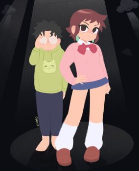 1boy 1girl alt_text ayase_momo ayase_momo_(cosplay) barefoot black_background black_hair blue_skirt bow bowtie brown_eyes brown_shoes commentary company_connection cosplay dandadan denim dzdello english_commentary full_body glasses green_hoodie gyaru highres hood hoodie jeans kogal loafers looking_at_viewer loose_socks no_lineart official_style pants pink_shirt ramona_flowers red_bow red_bowtie school_uniform science_saru scott_pilgrim scott_pilgrim_(series) scott_pilgrim_takes_off shirt shoes short_hair sidelocks skirt socks spotlight standing takakura_ken_(dandadan) takakura_ken_(dandadan)_(cosplay) turbo_granny_(dandadan) white_socks