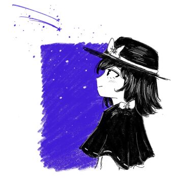 Rule 34 | 1girl, black capelet, black eyes, black hair, black hat, bow, capelet, comet, cropped torso, from side, hair bow, hat, hat bow, highres, looking up, medium hair, purple theme, ribbon-trimmed capelet, ribbon trim, smile, solo, star (sky), star (symbol), touhou, usami renko, white background, wrell