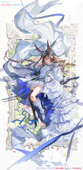 1girl absurdres amiya_(arknights) amiya_(guard)_(arknights) amiya_(guard)_(in_a_myriad_of_universes)_(arknights) animal_ears arknights armor armored_boots asymmetrical_footwear black_boots black_hat black_skirt blue_eyes blue_ribbon boots bow brown_hair commentary_request couter dress floating_hair flower frilled_dress frilled_sleeves frills full_body gauntlets hair_flower hair_ornament hat highres holding holding_sword holding_weapon huade_xiami jewelry long_hair long_sleeves mismatched_footwear multiple_rings official_alternate_costume parted_lips pauldrons petticoat picture_frame pleated_skirt puffy_long_sleeves puffy_sleeves rabbit_ears rabbit_girl ribbon ring shoulder_armor single_armored_boot single_gauntlet single_pauldron skirt solo sword thighs weapon white_background white_boots white_bow white_dress