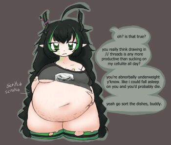 1girl 1other 2025 ahoge bandaid breasts elfinpsyop english_text fat fat_woman green_eyes indie_virtual_youtuber medium_breasts muffin_top obese pointy_ears sound_effects speech_bubble squaksquaker squarek worm