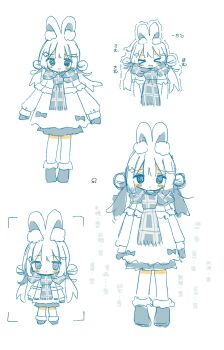 Rule 34 | > <, 1girl, animal ear fluff, animal ears, boots, chibi, closed eyes, closed mouth, double bun, dress, fringe trim, fur-trimmed boots, fur trim, hair bun, highres, long hair, long sleeves, mittens, multiple views, nakkar, original, parted lips, plaid clothes, plaid scarf, puffy long sleeves, puffy sleeves, rabbit ears, scarf, sleeves past wrists, translation request, trembling, viewfinder, wavy mouth, white background