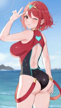 1girl amayo_thranana ass breasts cloud commentary_request cowboy_shot day from_behind highres large_breasts looking_at_viewer looking_back ocean one-piece_swimsuit one_eye_closed outdoors pyra_(pro_swimmer)_(xenoblade) pyra_(xenoblade) red_eyes red_hair red_one-piece_swimsuit short_hair sky solo suspenders swimsuit tiara v water xenoblade_chronicles_(series) xenoblade_chronicles_2