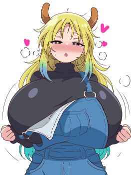 1girl black_sweater blue_overalls blush breasts commentary curvy dragon_horns eduardo31267693 english_commentary half-closed_eyes highres horns huge_breasts kobayashi-san_chi_no_maidragon long_hair looking_ahead multicolored_hair overalls petla solo steaming_body sweater