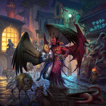 :d absurdres alcohol angel armor beer beholder blonde_hair cat colored_skin cup demon_boy drunk dungeons_&amp;_dragons dungeons_&amp;_dragons fantasy highres horns johan_grenier laughing locked_arms mechanical_wings mindflayer modron mug multiple_boys night open_mouth outdoors planescape:_torment red_skin runes smile tentacles tower wings