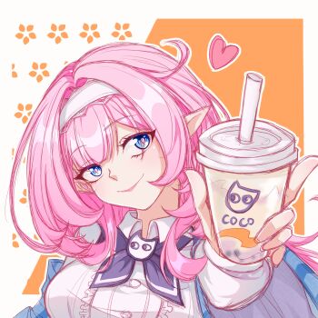 1girl absurdres blue_bow blue_bowtie blue_eyes bow bowtie breasts bubble_tea ccii00 chinese_commentary commentary_request cup disposable_cup dress elf elysia_(coco)_(honkai_impact) elysia_(honkai_impact) hairband heart highres holding holding_cup honkai_(series) honkai_impact_3rd large_breasts official_alternate_costume orange_background pink_hair pointy_ears smile solo upper_body white_dress