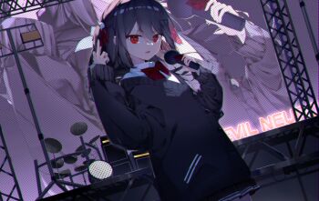 1girl black_cardigan black_ribbon black_skirt bow bowtie brown_hair cardigan character_name collared_shirt commentary concert cowboy_shot drum english_commentary evil_neuro-sama fang flat_chest hair_between_eyes hair_ornament hair_ribbon hands_up heart heart_hair_ornament holding holding_microphone instrument long_hair long_sleeves looking_at_viewer microphone middle_finger mizuo02o neuro-sama off-shoulder_cardigan open_mouth pleated_skirt pocket ponytail red_bow red_bowtie red_eyes ribbon screen_zoom shirt short_ponytail side_ponytail skirt skirt_set solo stage vedal_ai wing_collar zoom_layer