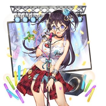 1girl black_choker black_hairband blue_eyes bracelet breasts brown_hair choker clothes_around_waist denim denim_shorts display frog glasses glowstick hair_ornament hairband jewelry kino_books large_breasts long_hair microphone microphone_stand penlight_(glowstick) shorts speaker stage_lights two_side_up uchi_no_hime-sama_ga_ichiban_kawaii whoisshe