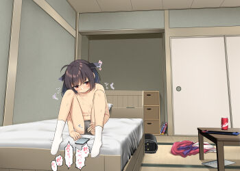 1girl ahoge arai_togami backpack bag bedroom black_bag black_hair cellphone clothes_writing collarbone commentary_request female_masturbation fingering fingering_through_clothes fingering_through_panties flat_chest full_body grey_panties headgear highres indoors loli masturbation navel nintendo_switch nipples no_shoes panties parted_lips phone pussy_juice_stain randoseru red_eyes short_hair sitting smartphone socks solo stained_panties through_clothes topless_female touhoku_kiritan underwear underwear_only underwear_writing unworn_backpack unworn_bag voiceroid white_socks