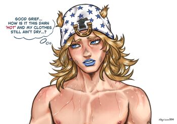 1boy absurdres birthmark blonde_hair blue_eyes blue_lips collarbone commentary earrings english_commentary english_text hair_through_headwear hat highres jewelry joestar_birthmark johnny_joestar jojo_no_kimyou_na_bouken male_focus parted_lips pizza990 portrait solo speech_bubble steel_ball_run stud_earrings thought_bubble twitter_username wet white_hat