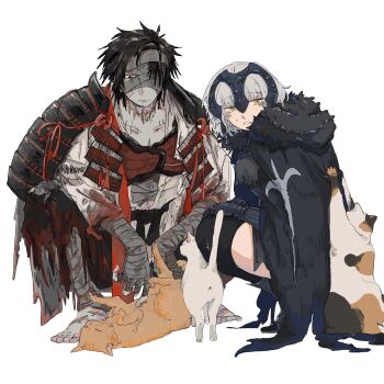1boy 1girl armor bandage_over_one_eye bandaged_head bandages barefoot black_armor black_bandages black_hair black_thighhighs calico_(pattern) cape cat chiemon_(fate) fate/samurai_remnant fate_(series) fur-trimmed_cape fur_trim headpiece highres japanese_armor jeanne_d'arc_alter_(lancer)_(fate) multiple_scars plackart ruda_(ruda_0616_tfj) scar shoulder_armor sode squatting sweat tabby_cat thighhighs torn_cape torn_clothes white_background white_cat white_hair yellow_eyes