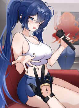 1other 2girls augusta_(wuthering_waves) bare_shoulders black_gloves blue_eyes blue_hair blue_shorts blush breasts commentary denim english_commentary gloves highres holding holding_microphone indoors iuno_(wuthering_waves) jeans jewelry karaoke karaoke_box large_breasts long_hair microphone multiple_girls one_eye_closed orange_hair pants ring shorts smile solo_focus tank_top twintails white_tank_top wuthering_waves zeropen