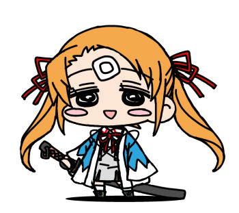 1girl black_eyes blonde_hair blue_haori blush_stickers chibi chibi_only commentary_request dress full_body gauze_on_forehead grey_dress gyousatsu_shinsengumi hair_ribbon haori holding holding_sword holding_weapon japanese_clothes long_hair neck_ribbon ootachi open_mouth red_ribbon ribbon shinsengumi short_dress simple_background smile solo standing sword tareme toudou_taira_(gyousatsu_shinsengumi) twintails weapon white_background yagumo_kengou