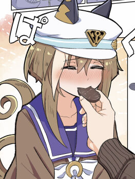 1girl animal_ears blush bow bowtie brown_cardigan brown_hair brown_tail cardigan cheval_grand_(umamusume) closed_eyes commentary_request cookie cropped ears_under_headwear feeding food food_focus highres horse_ears horse_girl horse_tail nose_blush purple_sailor_collar sailor_collar school_uniform short_hair short_hair_with_long_locks sidelocks tail tracen_school_uniform umamusume white_bow white_bowtie white_hair white_streaks yokoyu