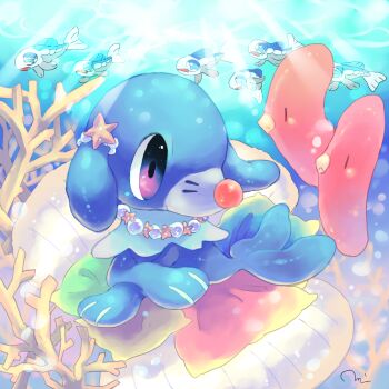 Rule 34 | blue eyes, commentary request, coral, fish, gen 3 pokemon, gen 7 pokemon, jewelry, luvdisc, necklace, nintendo, no humans, open mouth, pillow, pokemon, pokemon (creature), popplio, prism0316, seashell, shell, signature, solo, underwater, water, wishiwashi, wishiwashi (solo)