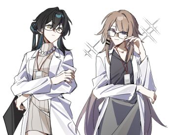 2girls adjusting_eyewear bead_necklace beads black_hair brown_hair crossed_arms glasses green_eyes hand_on_eyewear hashtag-only_commentary herta_(honkai:_star_rail) highres honkai:_star_rail honkai_(series) id_card jewelry kabokwa lab_coat long_hair multiple_girls necklace official_alternate_costume purple_eyes ruan_mei_(academia)_(honkai:_star_rail) ruan_mei_(honkai:_star_rail) shirt sparkle the_herta_(honkai:_star_rail) turtleneck white_background