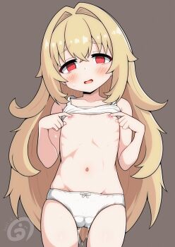 1girl @_@ blonde_hair blush brown_background camisole camisole_lift clothes_lift eyebrows_hidden_by_hair female_masturbation flat_chest groin hair_between_eyes hair_intakes highres loli long_hair looking_at_viewer masturbation navel nipple_stimulation nipple_tweak nipples original panties pussy_juice pussy_juice_drip_through_clothes red_eyes simple_background solo stomach tweaking_own_nipple underwear underwear_only very_long_hair vuta white_camisole white_panties