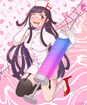 1girl artist_name bandaged_leg bandages black_thighhighs blush breasts broken_heart caiinu commentary danganronpa_(series) danganronpa_3_(anime) dark_persona draw_this_in_your_style_challenge dress drooling elbow_gloves english_commentary eyelashes full_body gloves hand_on_own_face hat heart heart-shaped_pupils high_heels highres holding holding_syringe long_hair mole mole_under_eye mouth_drool nurse_cap official_alternate_costume open_mouth outline oversized_object pink_eyes procreate_(medium) purple_hair red_shoes ringed_eyes shoes single_thighhigh smile solo symbol-shaped_pupils syringe teeth thighhighs tsumiki_mikan upper_teeth_only very_long_hair white_dress white_gloves white_hat white_outline