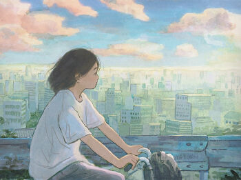 ._. 1girl black_hair blue_sky city cloud commentary_request day from_side guard_rail original outdoors painting_(medium) profile scenery shirt short_hair short_sleeves sitting sky solo t-shirt traditional_media upper_body white_shirt yeyuan33