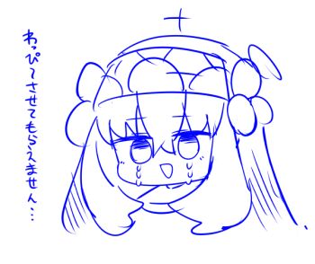 :d blue_archive blue_theme crying crying_with_eyes_open flower hair_between_eyes head_only looking_at_viewer miranofuudoria monochrome open_mouth sakurako_(blue_archive) simple_background sketch smile tears translation_request veil white_background
