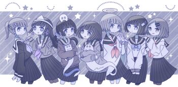 1girl 6+girls absurdres angel black_serafuku black_shirt blue_bow blue_bowtie bow bowtie closed_mouth cowboy_shot ghost hand_up highres long_hair long_sleeves looking_at_viewer medium_hair multiple_girls neckerchief omochi_noa open_mouth original pleated_skirt ponytail purple_neckerchief red_neckerchief sailor_collar school_uniform serafuku shirt short_hair skirt standing triangular_headpiece v white_sailor_collar white_shirt