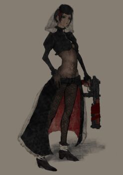 1girl bird character_request crow crow_(nikke) goddess_of_victory:_nikke groin gun looking_at_viewer mero_(ilsttkgbz11) midriff navel simple_background weapon