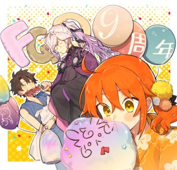 1girl 2boys ahoge anniversary bag balloon black_hair blush character_print commentary_request eating edmond_dantes_(fate) fate/grand_order fate_(series) floral_print flower food fou_(fate) fujimaru_ritsuka_(male) hair_flower hair_ornament hands_in_opposite_sleeves holding holding_skewer japanese_clothes kabutomushi_s kimono marshmallow multiple_boys orange_hair orange_kimono plastic_bag ponytail purple_hair round_eyewear skewer the_count_of_monte_cristo_(fate) the_count_of_monte_cristo_(exhibition_attire)_(fate) wide_sleeves yellow_eyes