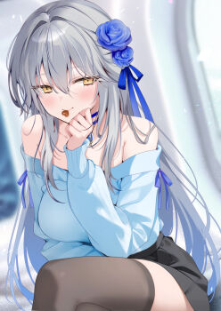 1girl bare_shoulders black_skirt black_thighhighs blue_hair blue_shirt blush breasts candy chocolate chocolate_heart closed_mouth collarbone commentary_request food food_in_mouth gradient_hair grey_hair hair_between_eyes hair_intakes hand_on_own_cheek hand_on_own_face heart heart-shaped_food highres light_particles long_hair long_sleeves looking_at_viewer lyfe_bestla medium_breasts mouth_hold multicolored_hair off-shoulder_shirt off_shoulder pon_(ponidrop) shirt sidelocks sitting skirt sleeves_past_wrists smile snowbreak:_containment_zone solo thighhighs thighs very_long_hair yellow_eyes