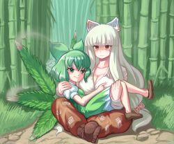 Rule 34 | 2girls, alternate color, bamboo, bamboo forest, blunt bangs, bow, breasts, brown pants, carrying, cirno, closed mouth, collared shirt, commentary, crossed legs, english commentary, expressionless, forest, fujiwara no mokou, full body, green bow, green eyes, green hair, grin, hair bow, hapa cirno, highres, hime cut, inaba tewi, inaba tewi (bunny), indian style, large breasts, marijuana, medium bangs, multiple girls, nature, ofuda, ofuda on clothes, pants, princess carry, profitshame, puffy short sleeves, puffy sleeves, rabbit, red eyes, shaded face, shirt, short hair, short sleeves, sidelocks, sitting, smile, smoke, touhou, white bow, white shirt