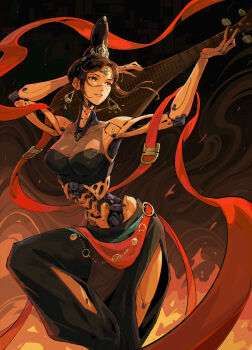 Rule 34 | 1girl, absurdres, brown hair, buddhism, chinese commentary, chinese mythology, cyberpunk, cyborg, fire, guanyin, hagoromo, highres, joints, mechabare, mechanical arms, mechanical spine, pipa (instrument), robot joints, shawl, solo, ye banxian