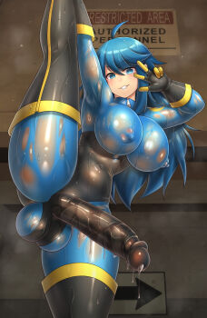 1girl absurdres ahoge black_boots black_gloves blu_pyro_(tf2) blue_bodysuit blue_eyes blue_hair bodysuit boots breasts commentary commission covered_erect_nipples emperpep english_commentary futanari genderswap genderswap_(otf) gloves gluteal_fold grin highres large_breasts large_penis latex latex_bodysuit latex_gloves latex_legwear long_hair looking_at_viewer penis precum pyro_(tf2) smell smile solo split standing standing_on_one_leg standing_split sweat team_fortress_2 teeth testicles thigh_boots variant_set w